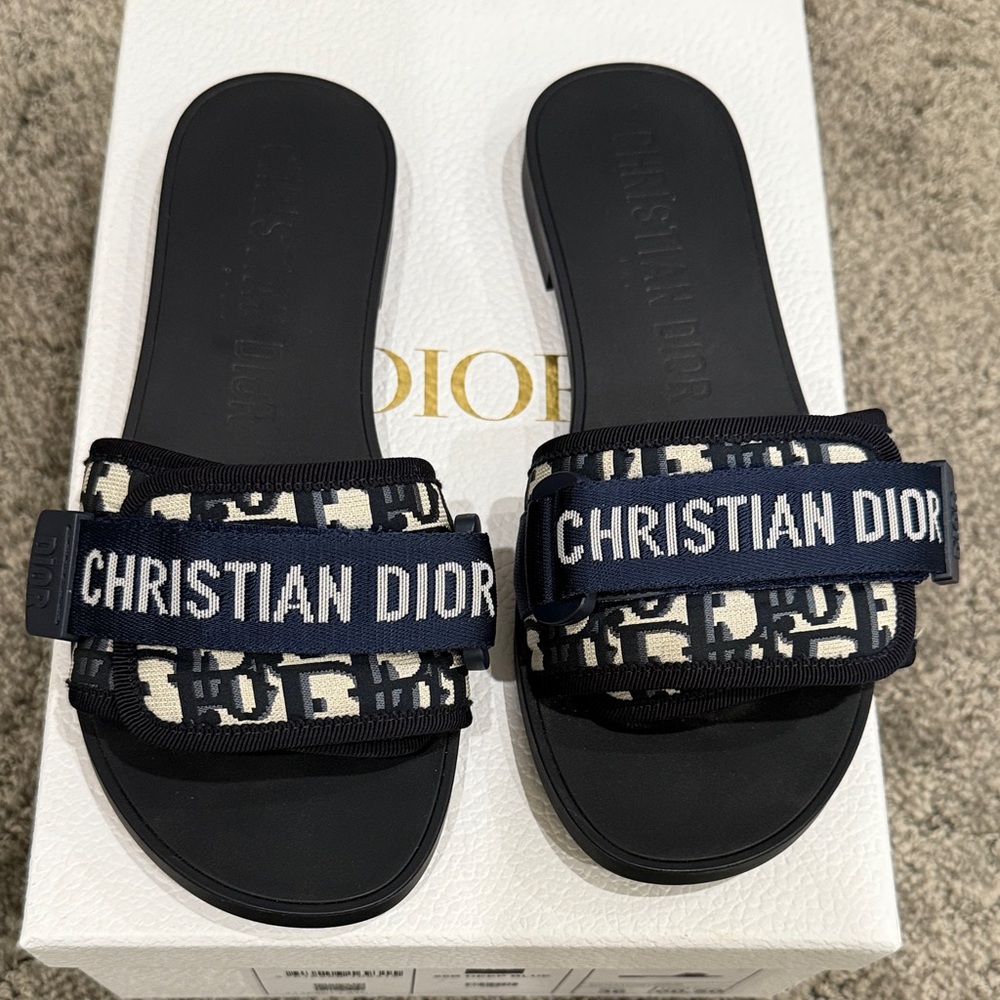 “Authentic” Dior Deep Blue and White Slide Sandals
